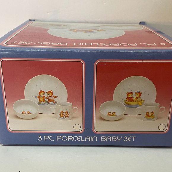 Retro 90s 3 Piece Japan Porcelain Baby Place Setting Set Quilted Rocking Horse - Picture 6 of 7